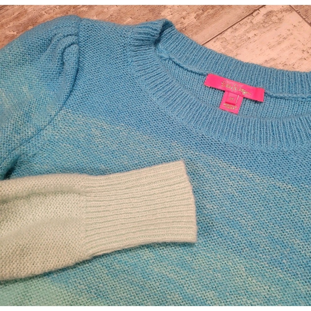 Lilly Pulitzer Drayton Ombre Sweater Plunge Blue/Mint Puff Sleeve Size Medium